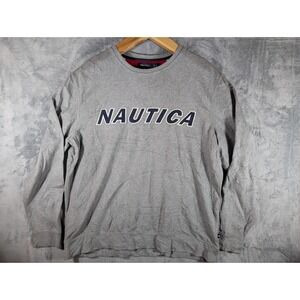 Nautica Men's XL Gray Long Sleeve Spellout Logo Crewneck Pullover Sweater vtg